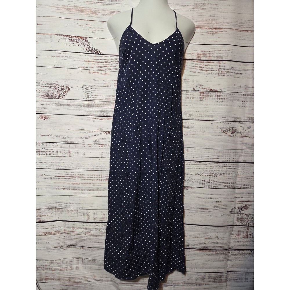 Old Navy Womens Navy Blue White Polka Dot Rayon Maxi Dress Spaghetti Strap Small